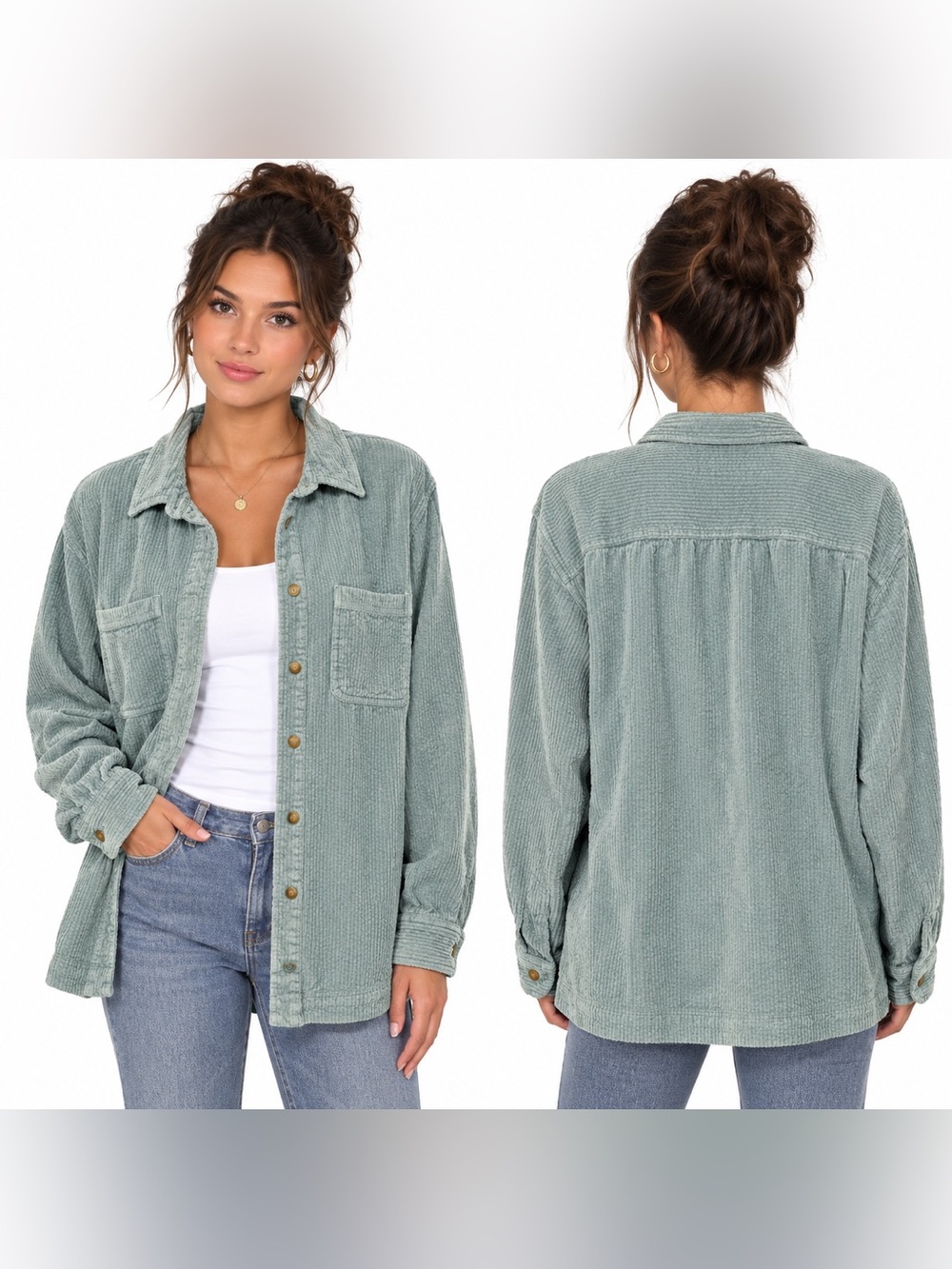 L.L. Bean Corduroy Button-Front Shirt Jacket in color Teal